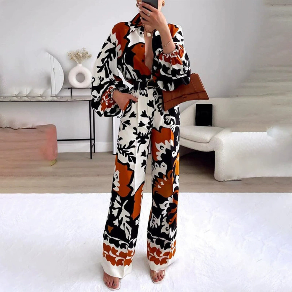 ZARA In Stock Chic V Neck Printed Lantern Sleeve Blouse Wide Leg Pants Set